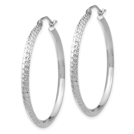 14k White Gold Hoop Earrings, Diamond Cut Textured Round Hoops with Hinged Closure
