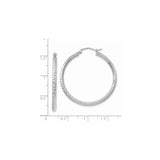 14k White Gold Hoop Earrings, Diamond Cut Textured Round Hoops with Hinged Closure