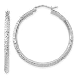 14k White Gold Hoop Earrings, Diamond Cut Textured Round Hoops with Hinged Closure