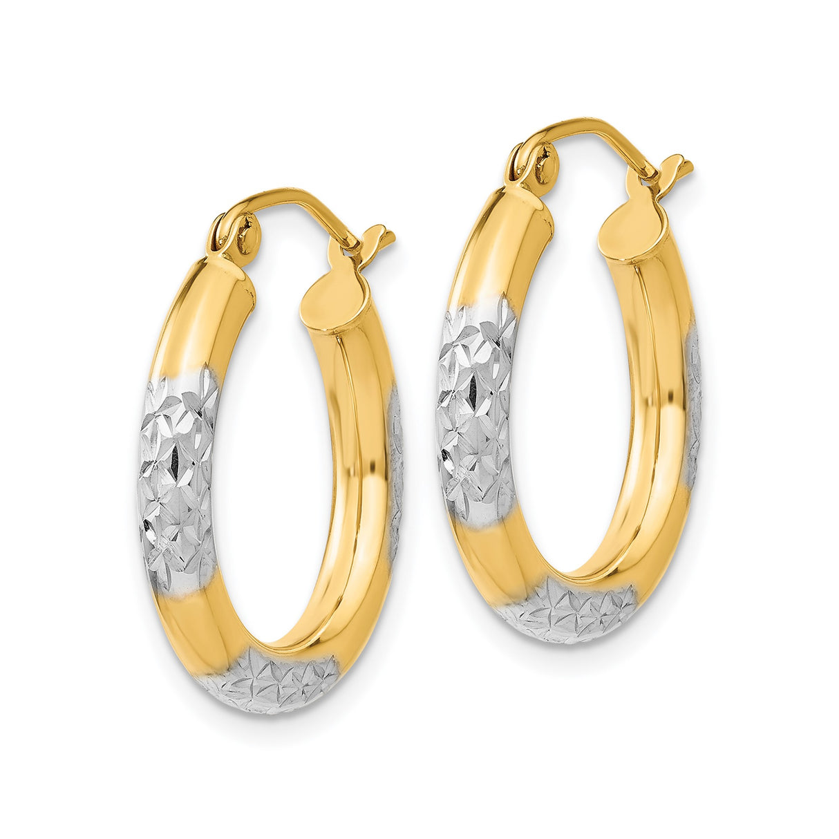 14k Yellow Gold Hoop Earrings, Diamond-Cut Floral Pattern, Two-Tone Round Design for Women