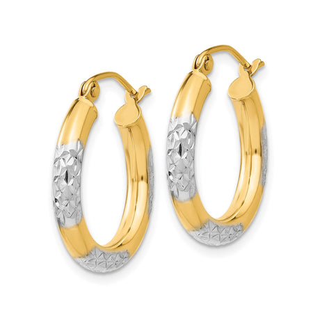 14k Yellow Gold Hoop Earrings, Diamond-Cut Floral Pattern, Two-Tone Round Design for Women