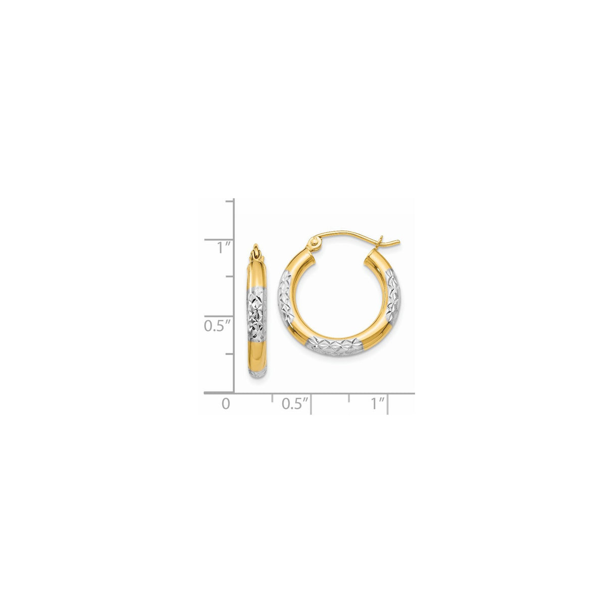 14k Yellow Gold Hoop Earrings, Diamond-Cut Floral Pattern, Two-Tone Round Design for Women