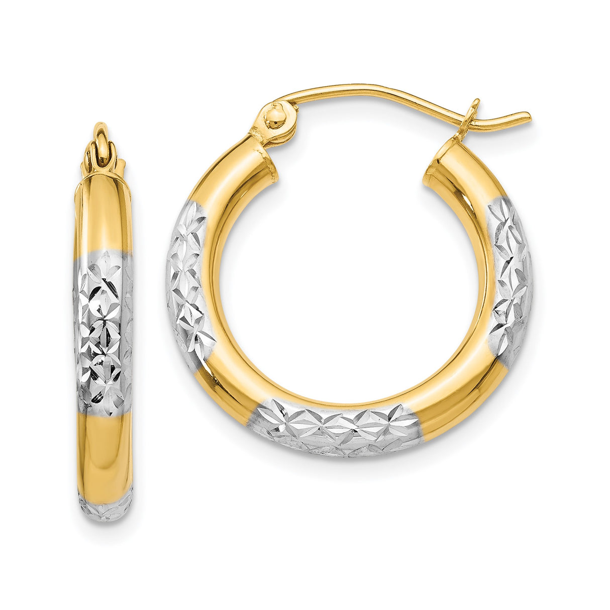 14k Yellow Gold Hoop Earrings, Diamond-Cut Floral Pattern, Two-Tone Round Design for Women