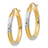 14k Yellow Gold Hoop Earrings, Diamond Cut Star Pattern, Two Tone Polished and Textured Design