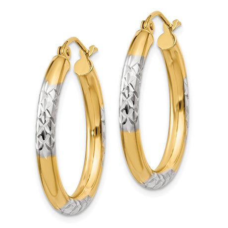 14k Yellow Gold Hoop Earrings, Diamond Cut Star Pattern, Two Tone Polished and Textured Design