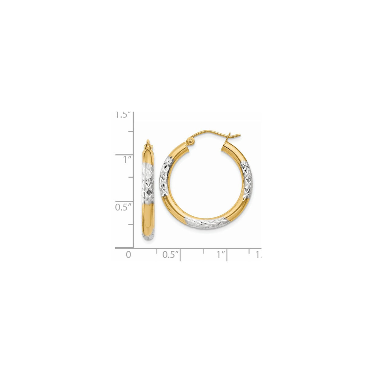 14k Yellow Gold Hoop Earrings, Diamond Cut Star Pattern, Two Tone Polished and Textured Design