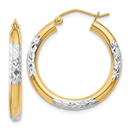 14k Yellow Gold Hoop Earrings, Diamond Cut Star Pattern, Two Tone Polished and Textured Design
