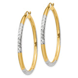14k Yellow Gold Hoop Earrings, Two-Tone Diamond Cut with Textured Finish for Women