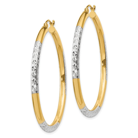 14k Yellow Gold Hoop Earrings, Two-Tone Diamond Cut with Textured Finish for Women