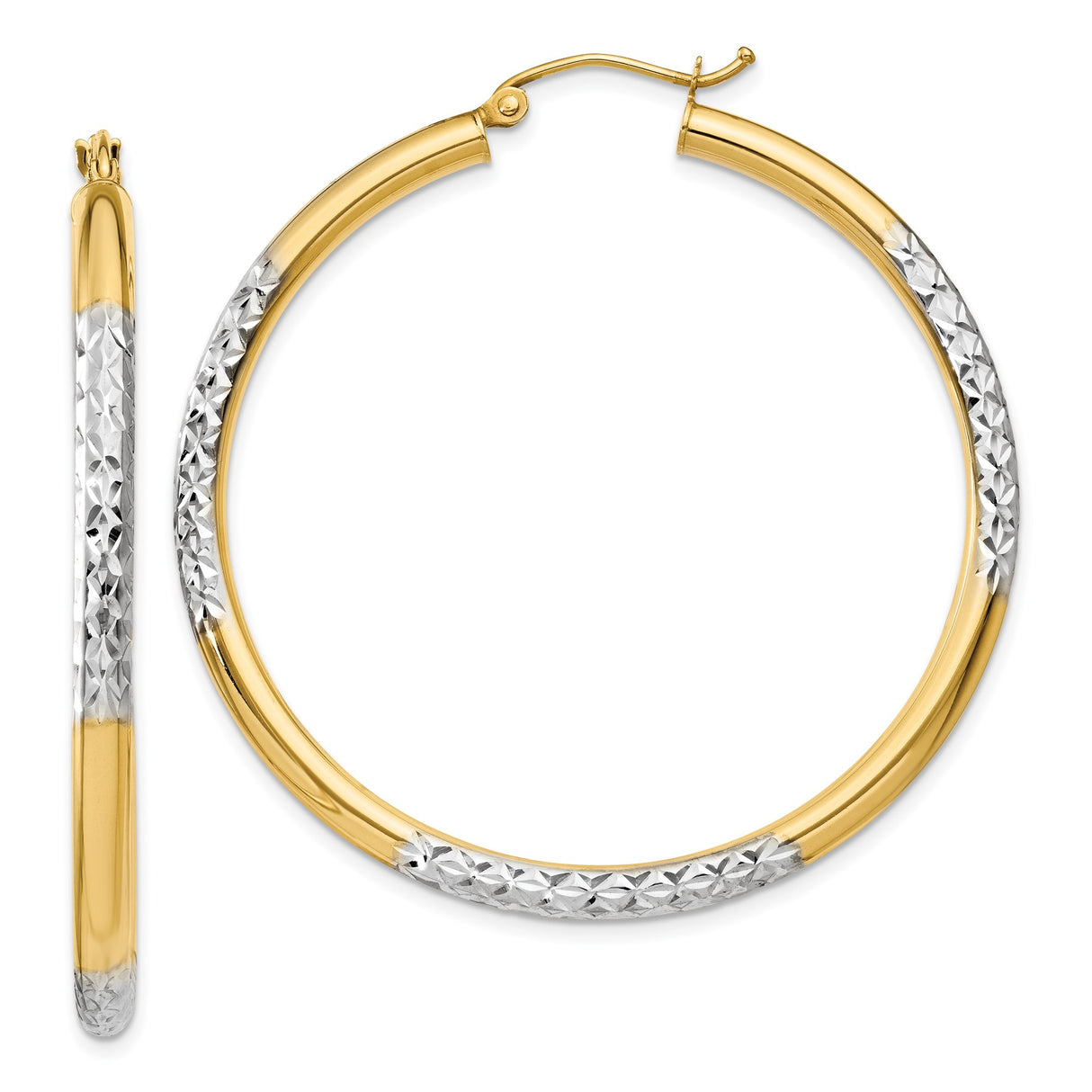 14k Yellow Gold Hoop Earrings, Two-Tone Diamond Cut with Textured Finish for Women