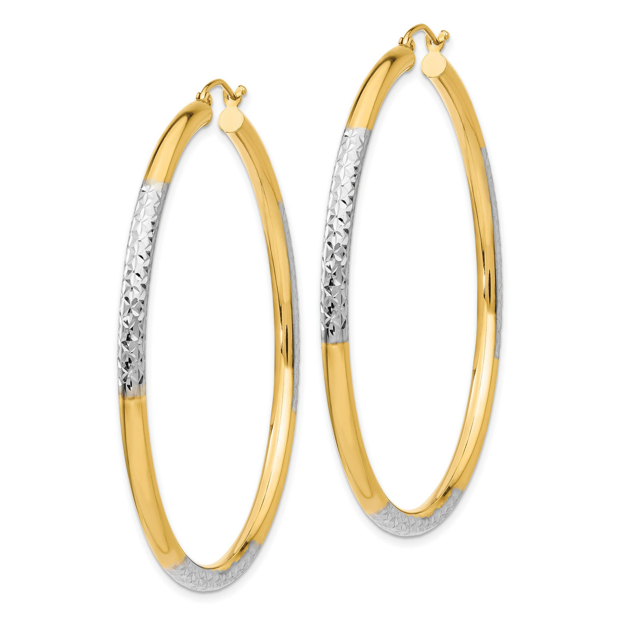 14k Yellow Gold Hoop Earrings, Two-Tone Diamond-Cut Rhodium Textured Finish for Women