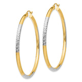 14k Yellow Gold Hoop Earrings, Two-Tone Diamond-Cut Rhodium Textured Finish for Women