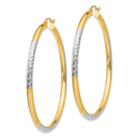 14k Yellow Gold Hoop Earrings, Two-Tone Diamond-Cut Rhodium Textured Finish for Women