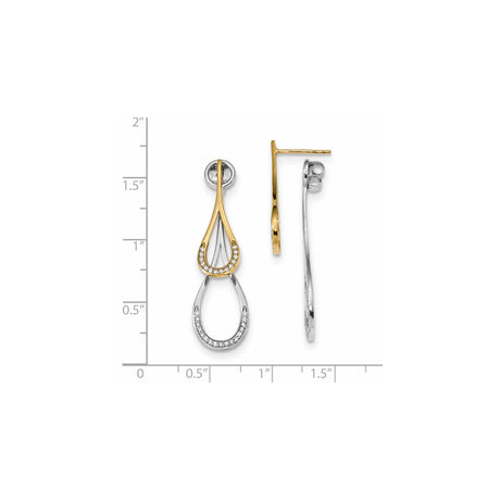 14k Yellow Gold Dangle Earrings with Cubic Zirconia, Intertwined Teardrop Loops, Two-Tone Design