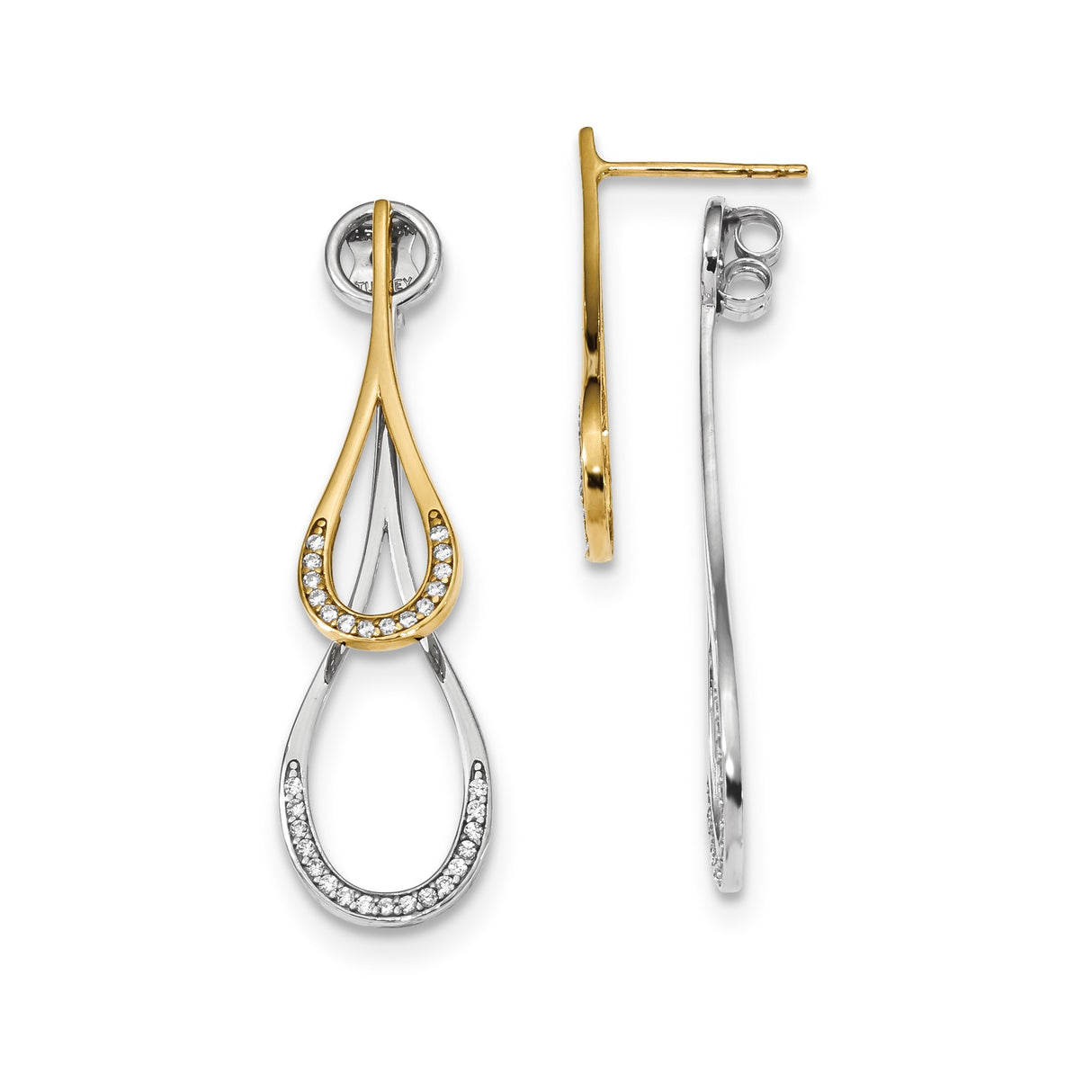 14k Yellow Gold Dangle Earrings with Cubic Zirconia, Intertwined Teardrop Loops, Two-Tone Design