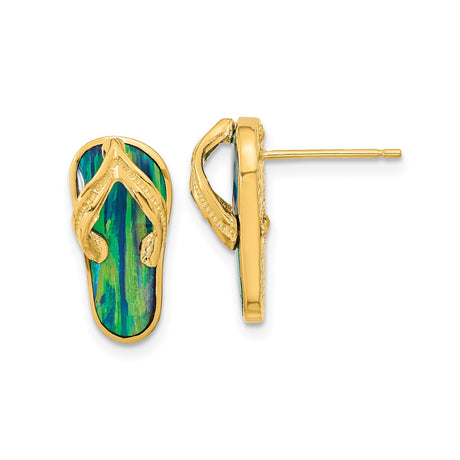 14k Yellow Gold Flip-Flop Stud Earrings with Green Blue Created Opal Inlay, Beach Theme