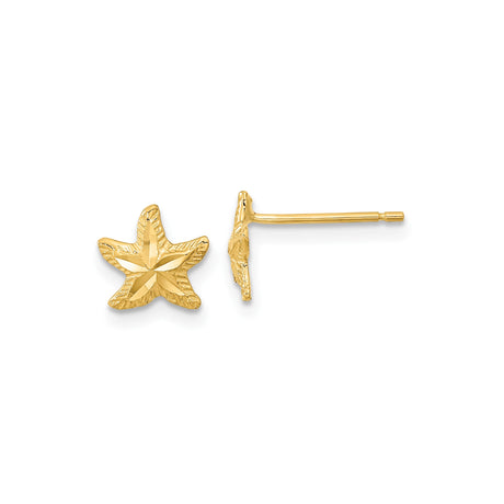 14k Yellow Gold Starfish Stud Earrings, Textured Coastal Nautical Design for Women