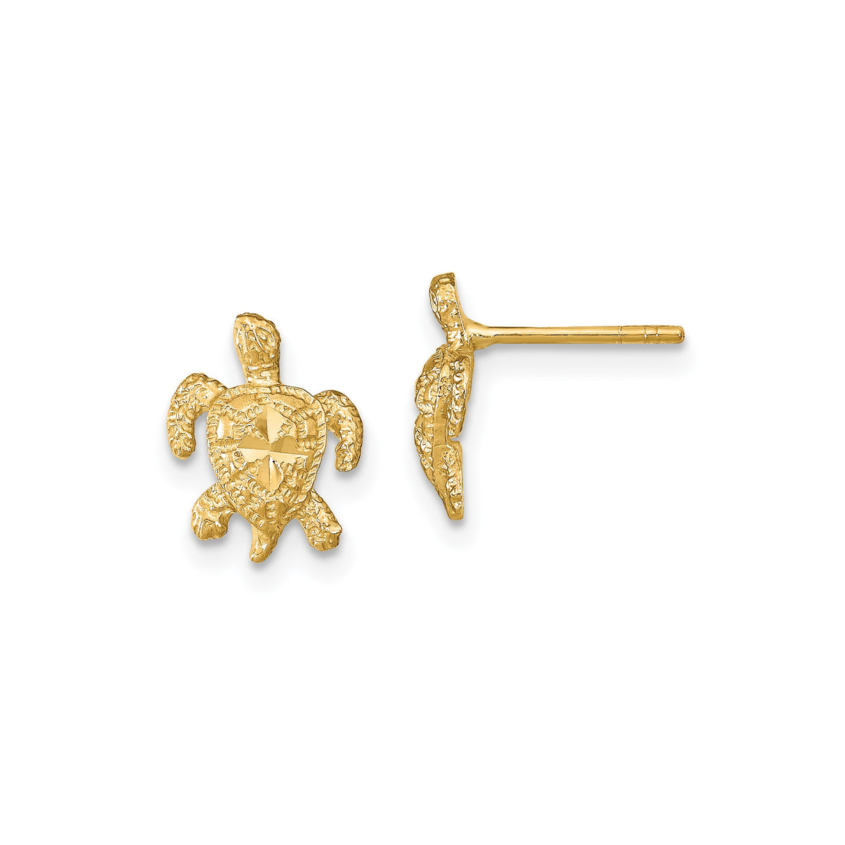 14k Yellow Gold Sea Turtle Stud Earrings, Textured Marine Life Design, Coastal Beach Style for Women