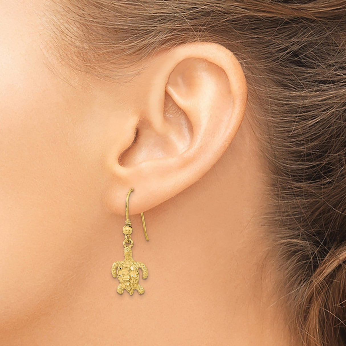 14k Yellow Gold Dangle Earrings, Textured Sea Turtle Design, Nautical Ocean Theme Jewelry