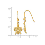 14k Yellow Gold Dangle Earrings, Textured Sea Turtle Design, Nautical Ocean Theme Jewelry