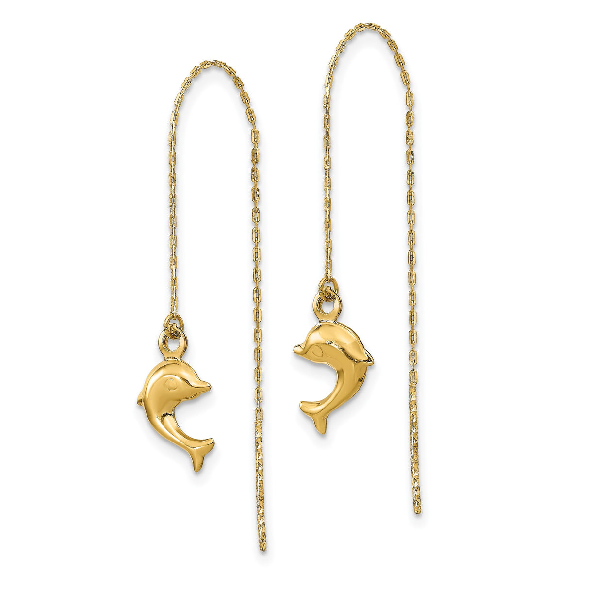14k Yellow Gold Dolphin Threader Earrings, Lightweight Dangle Ocean-Inspired Jewelry for Women