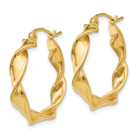 14k Yellow Gold Twisted Hoop Earrings with Polished Sculptural Design for Women