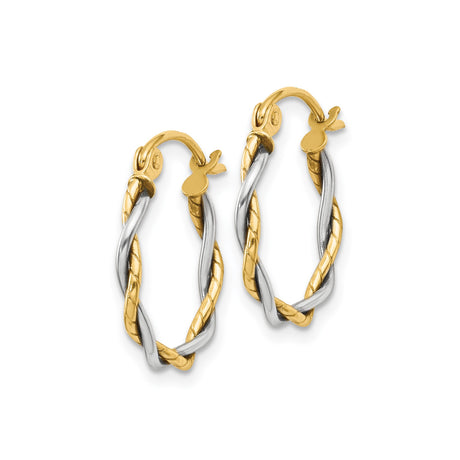 14k Two-Tone Gold Twisted Hoop Earrings, Polished and Textured Finish for Women