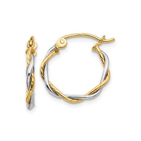 14k Two-Tone Gold Twisted Hoop Earrings, Polished and Textured Finish for Women