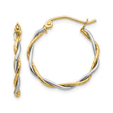 14k Two-Tone Gold Twisted Hoop Earrings, Braided Yellow and White Gold Design for Women