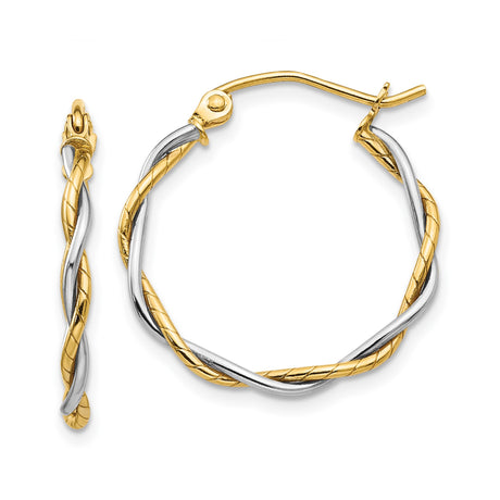 14k Two-Tone Gold Twisted Hoop Earrings, Braided Yellow and White Gold Design for Women