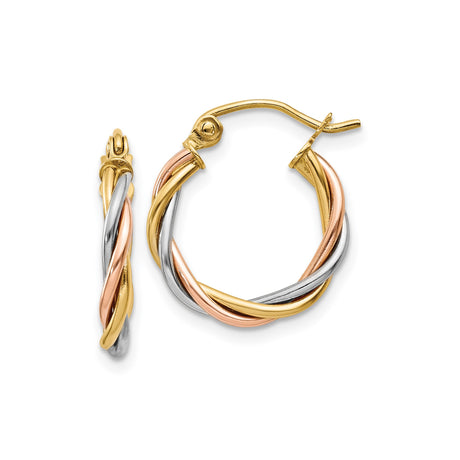 14k Tri-Color Gold Hoop Earrings with Twisted Intertwined Design for Women