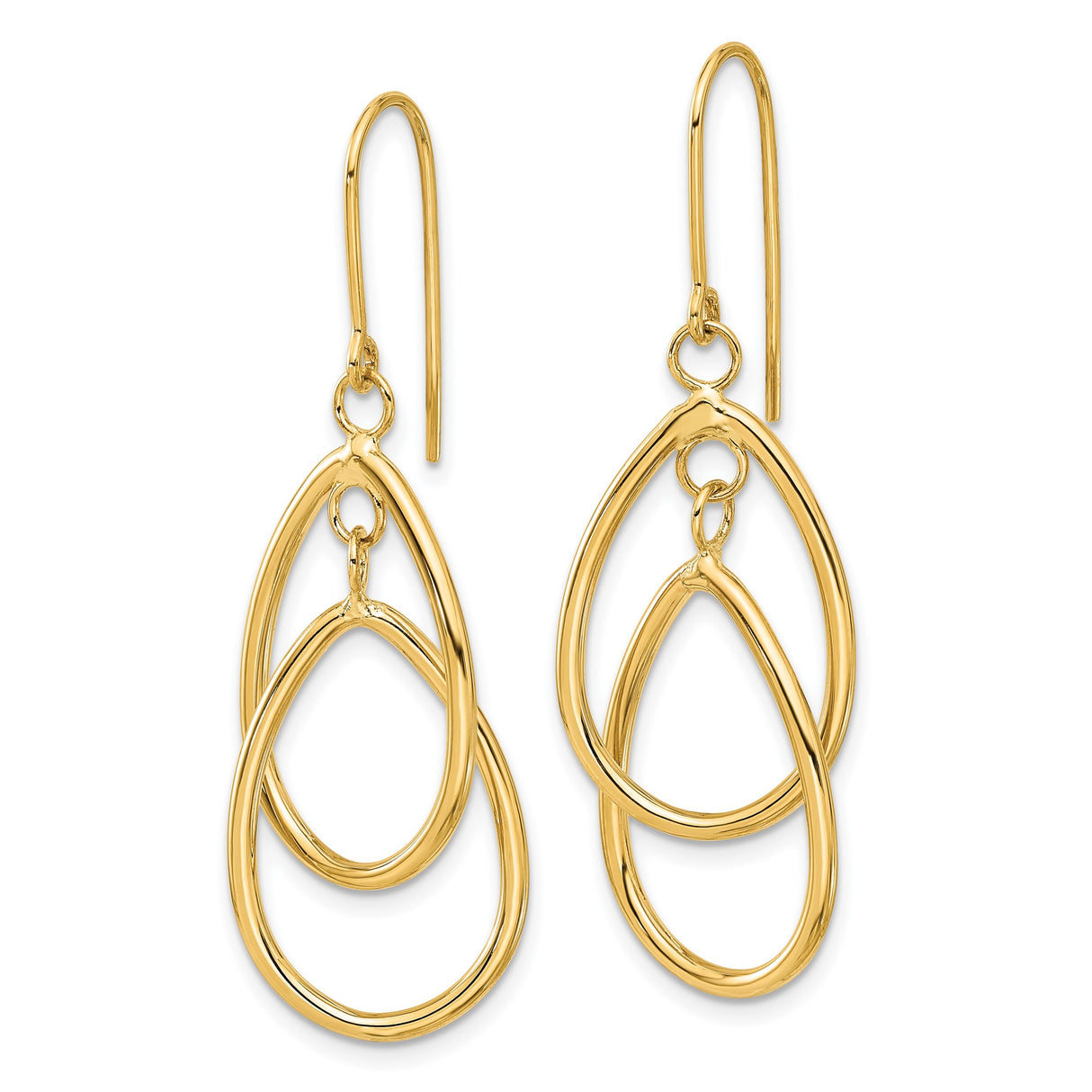 14k Yellow Gold Dangle Earrings with Open Oval Hoops and Interlocking Double Drops