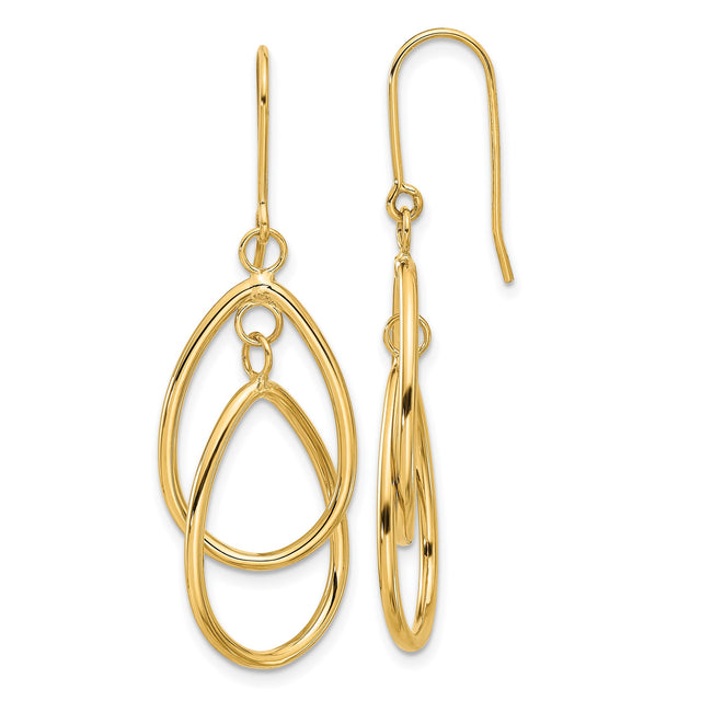 14k Yellow Gold Dangle Earrings with Open Oval Hoops and Interlocking Double Drops