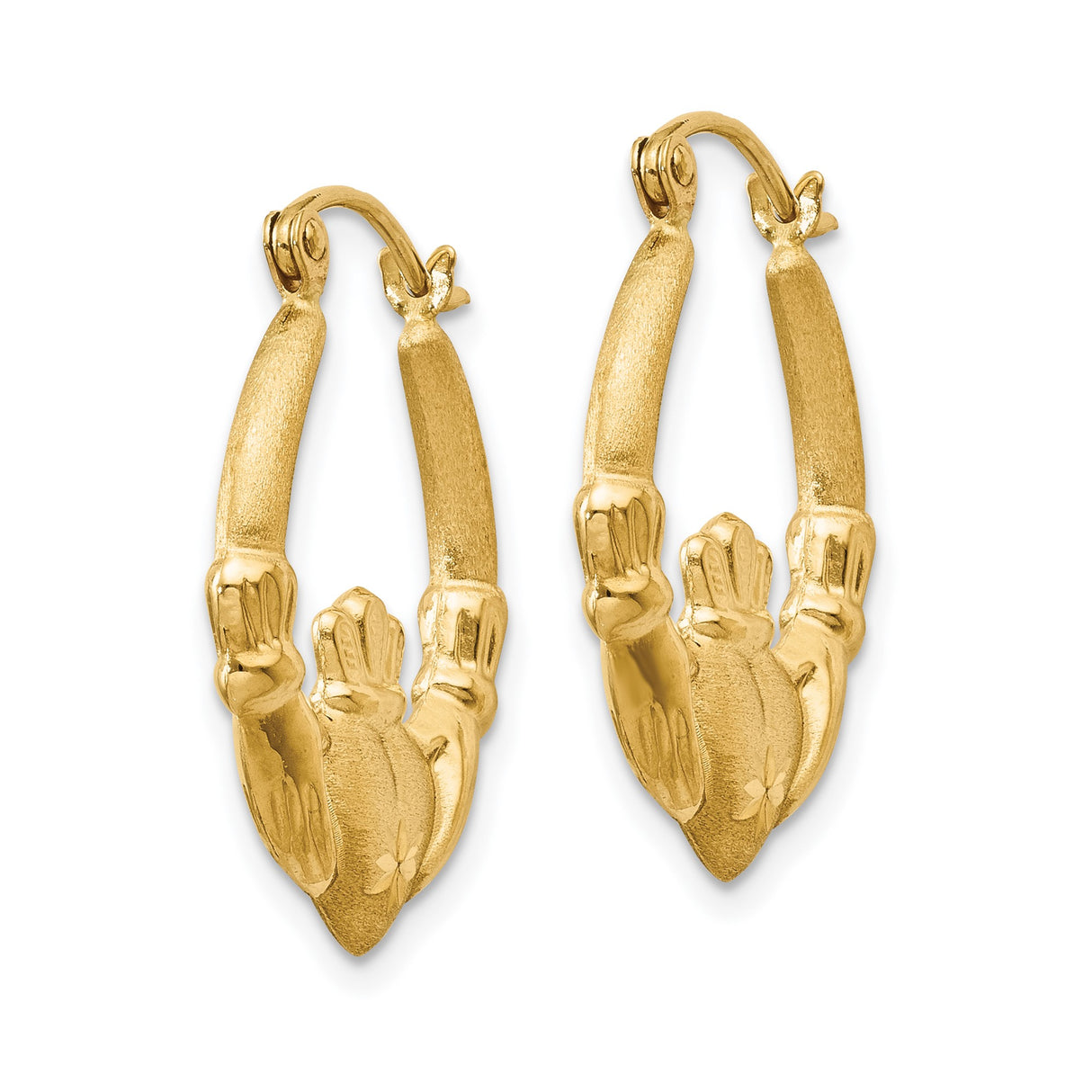 14k Yellow Gold Claddagh Hoop Earrings with Crowned Heart and Hands Symbol for Women