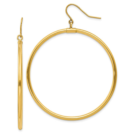 14k Yellow Gold Hoop Earrings, Large Polished Round Dangle, Minimalist Everyday Style