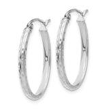 14k White Gold Hoop Earrings, Polished Diamond Cut Textured Round Hoops with Latch Back Closure