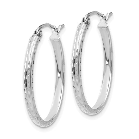 14k White Gold Hoop Earrings, Polished Diamond Cut Textured Round Hoops with Latch Back Closure