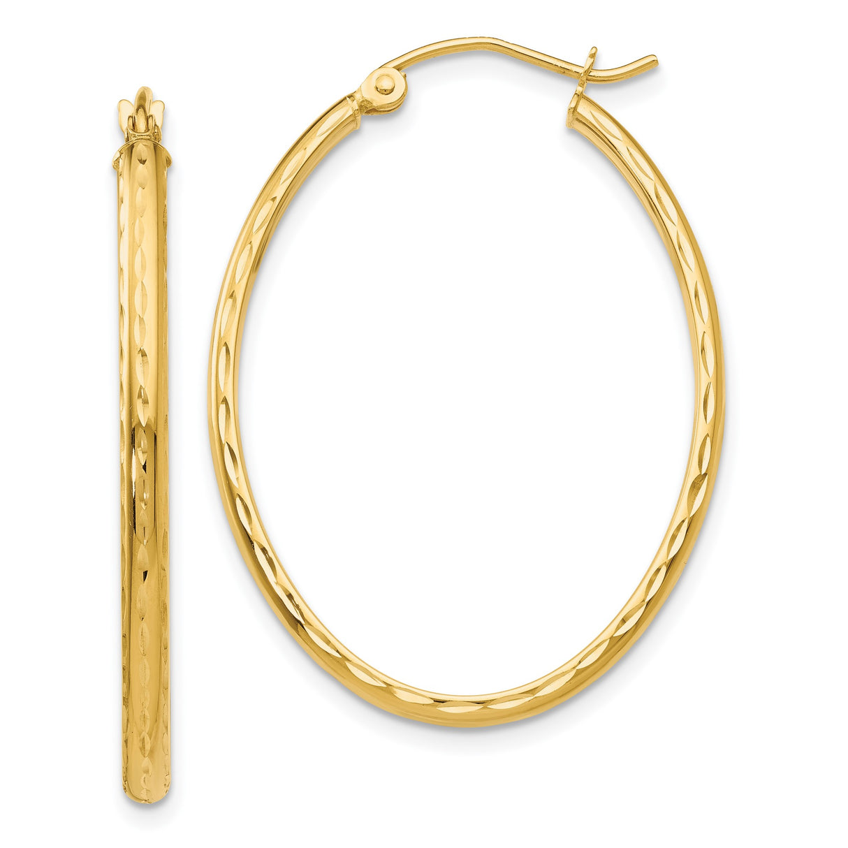 14k Yellow Gold Hoop Earrings with Diamond Cut Texture and Polished Finish, Lightweight Round Hoops