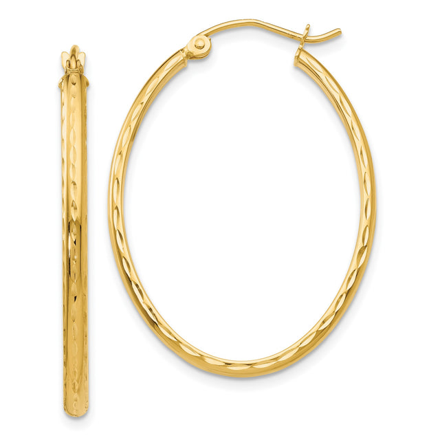 14k Yellow Gold Hoop Earrings with Diamond Cut Texture and Polished Finish, Lightweight Round Hoops