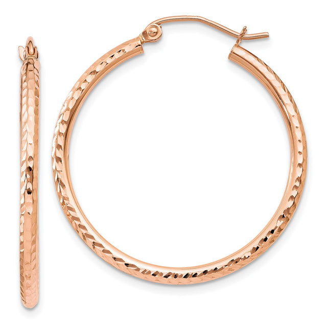14k Rose Gold Hoop Earrings, Hammered Texture, Matte Finish, Minimalist Round Design
