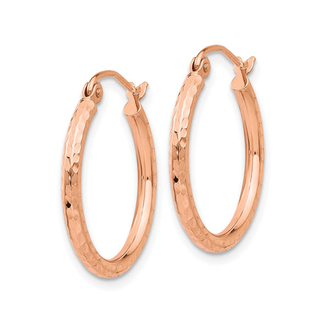 14k Rose Gold Hoop Earrings with Diamond Cut Hammered Finish, Lightweight Polished Round Design