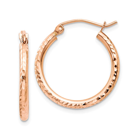 14k Rose Gold Hoop Earrings with Diamond Cut Hammered Finish, Lightweight Polished Round Design
