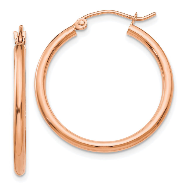 14k Rose Gold Hoop Earrings, Medium Polished Round Hoops, Minimalist Classic Style for Women
