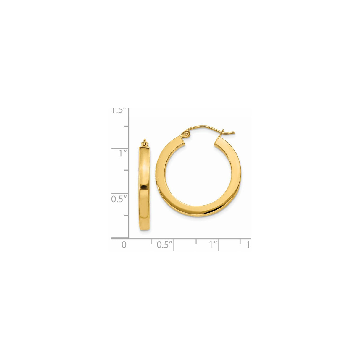 14k Yellow Gold Hoop Earrings, Thick Flat Edge, High Polish, Lightweight Modern Design