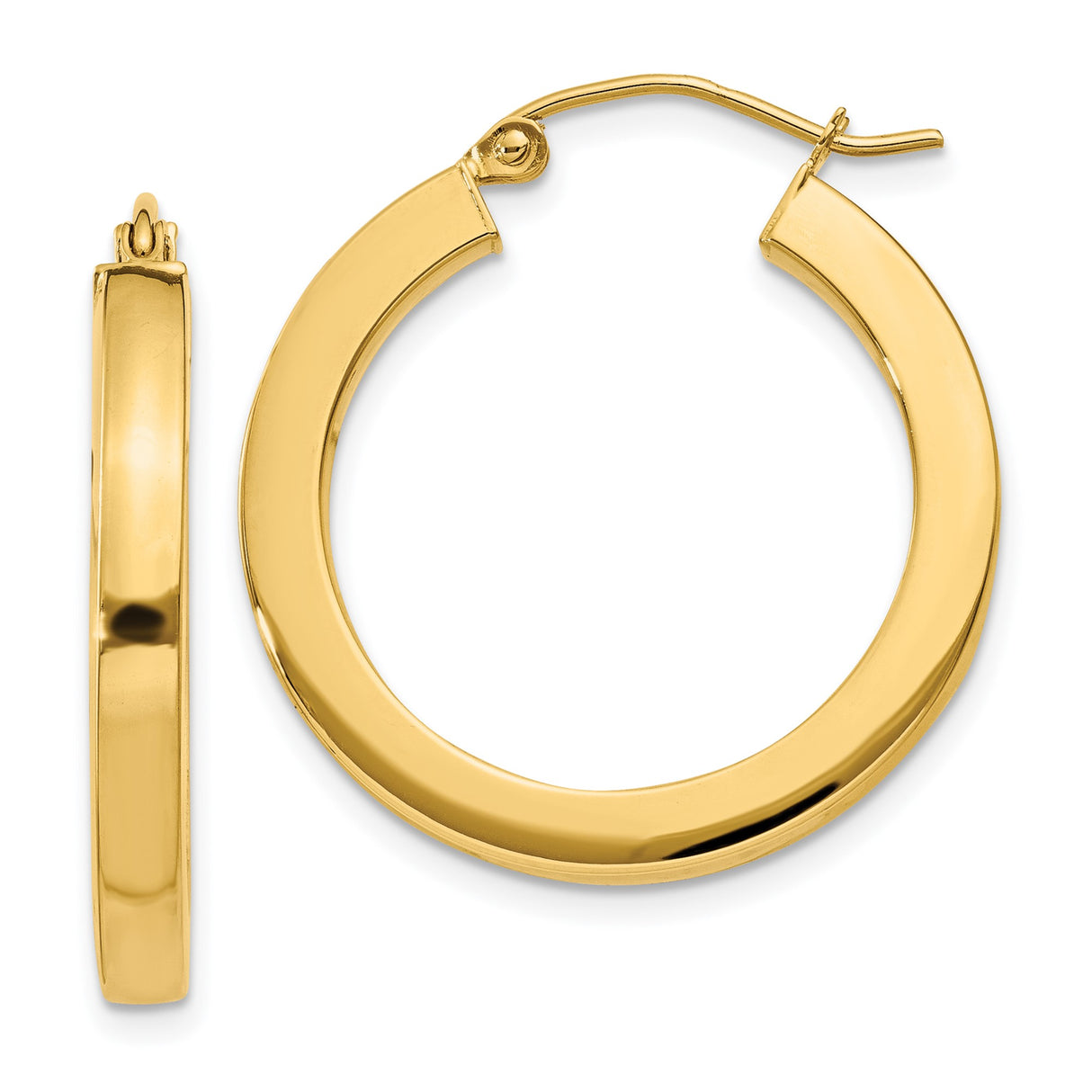 14k Yellow Gold Hoop Earrings, Thick Flat Edge, High Polish, Lightweight Modern Design