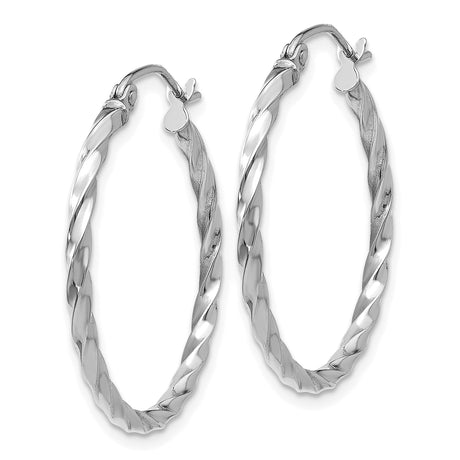 14k White Gold Twisted Hoop Earrings, Polished Rope Design, Lightweight Minimalist Style