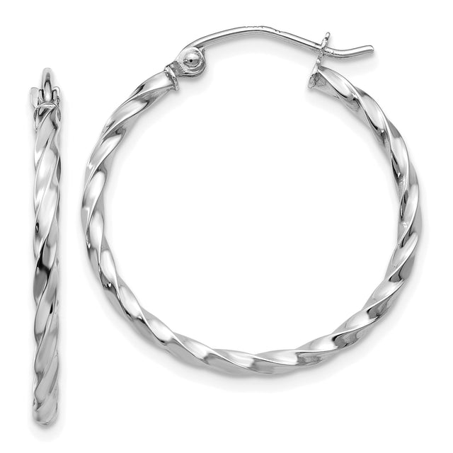 14k White Gold Twisted Hoop Earrings, Polished Rope Design, Lightweight Minimalist Style