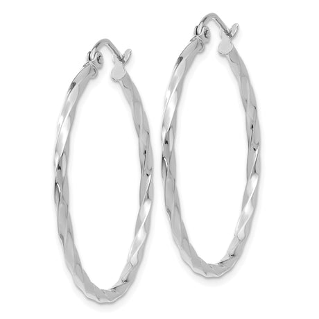 14k White Gold Twisted Hoop Earrings, Polished Spiral Design, Lightweight Modern Style