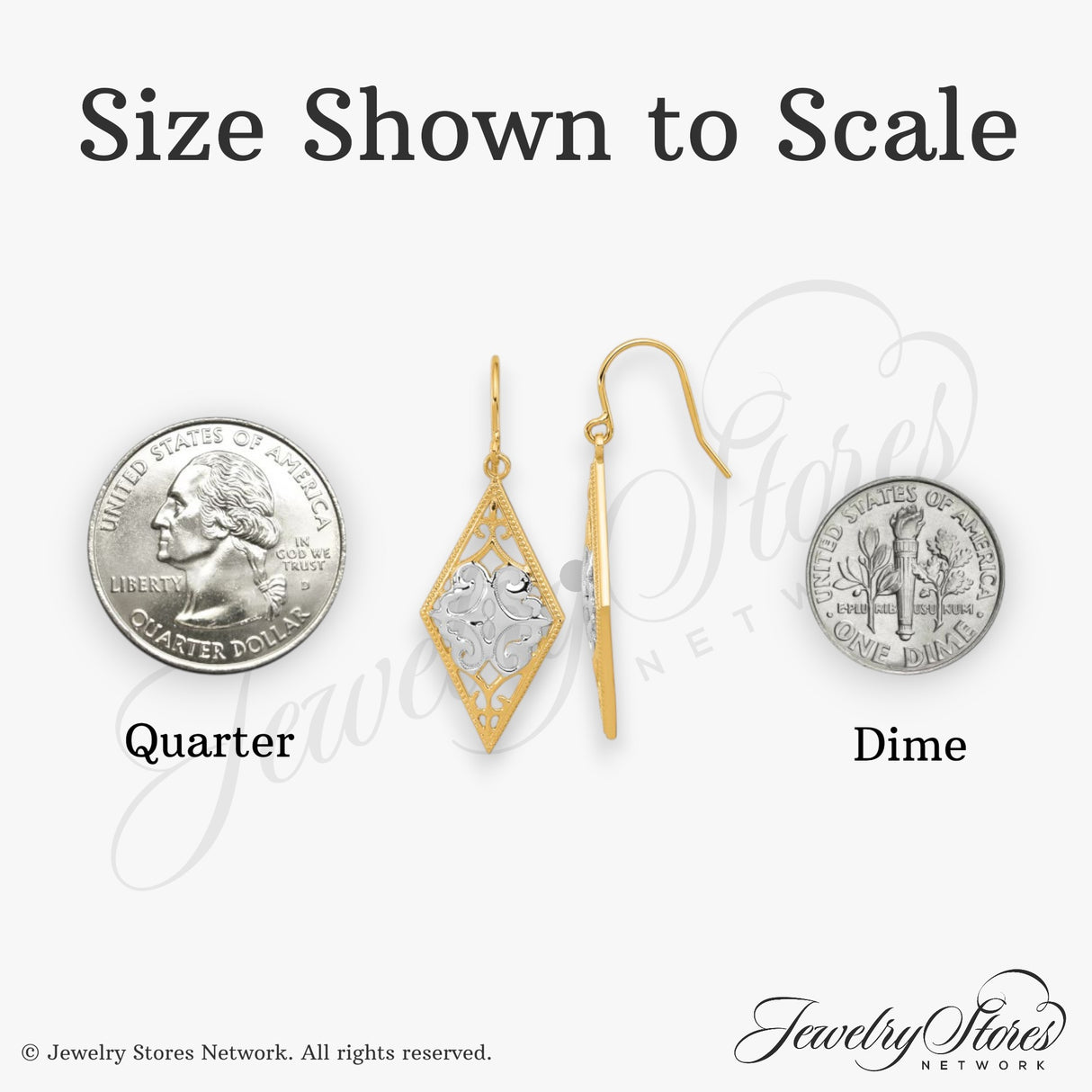 14k Yellow Gold Diamond-Shaped Dangle Earrings with Filigree Scroll Design