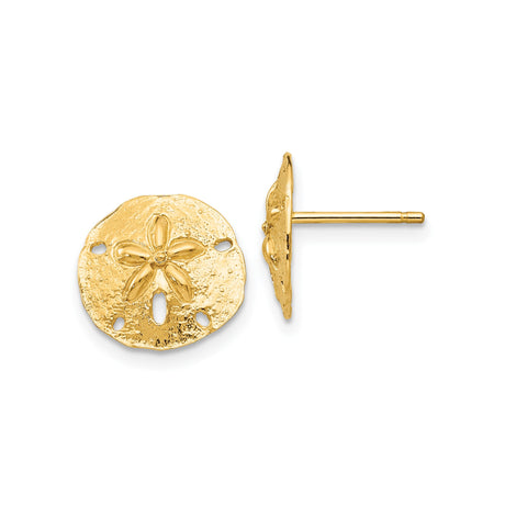 14k Yellow Gold Sand Dollar Stud Earrings, Textured Nautical Coastal Sea Life Design for Women